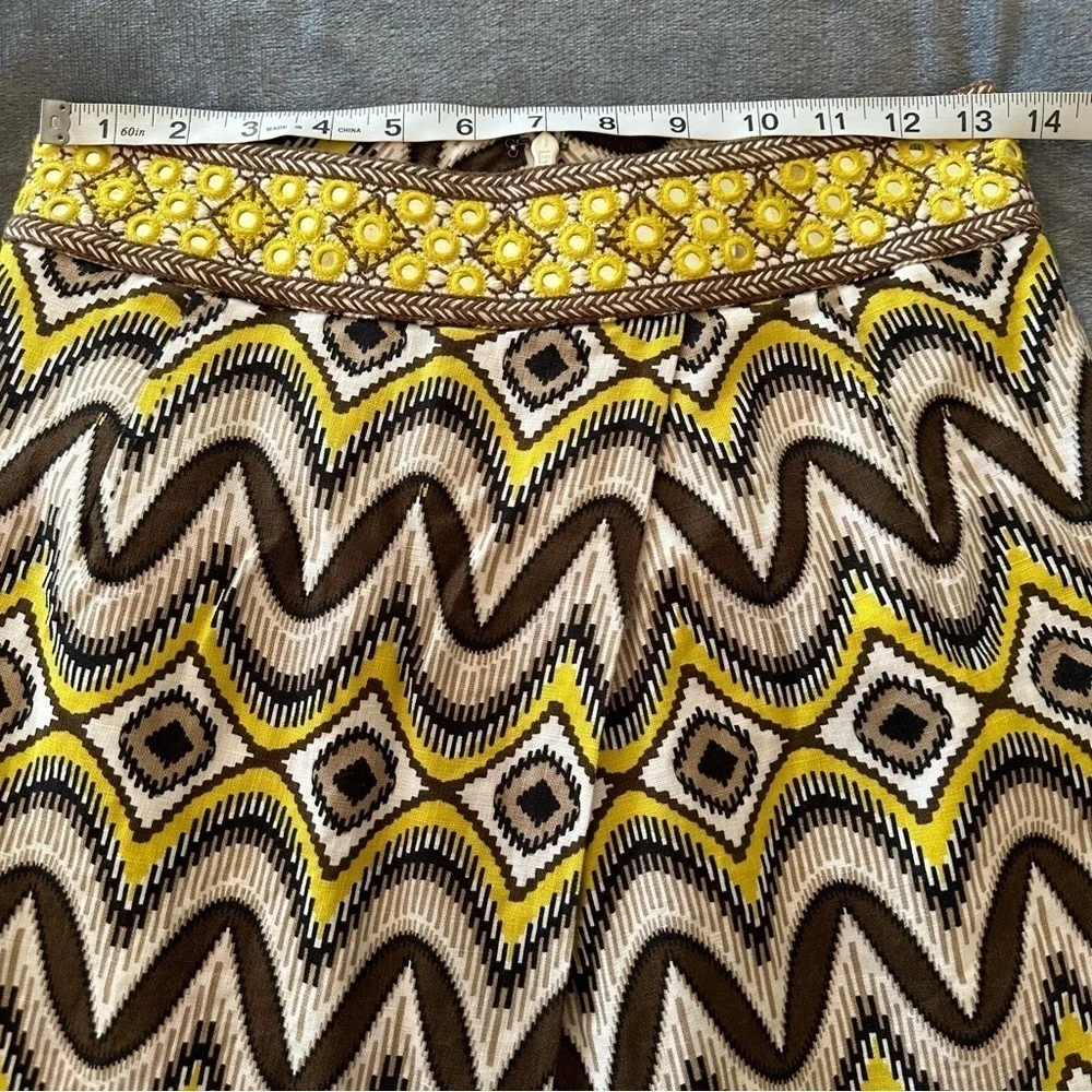Tory Burch 100% Linen Yellow Mirrored with Pockets Midi Skirt Size 2
